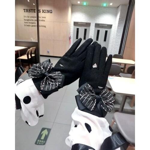 Winter Korean Version of The Bowknot Cashmere Gloves Fashion Thickening and Velvet Five-Finger Warmth Finger Touch Screen Gloves