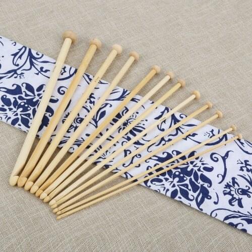 12 Pcs 10mm - 3mm Natural Bamboo Single Pointed Afghan Tunisian Beaded Crochet Hooks Knit Needles 25cm Long Hand Sewing DIY Tool