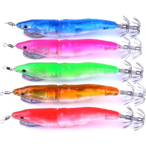 5Pcs LED Fishing Lure Squid jigging Bait 12.8cm 18.4g Luminous Squid Hook Shrimp Bait Night Fishing Lure