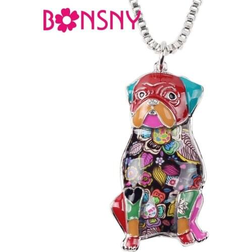Bonsny Alloy Enamel Pug Dog Necklace Pendant Chain Collar Elegant Animal Jewelry For Women Girls Pet Lovers Gift Party Wholesale