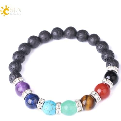 CSJA 7 Chakra Yoga Beaded Bracelets Bangle for Men Women Natural Lava Stone Mala Beads Healing Elastic Chain Charm Bracelet F276