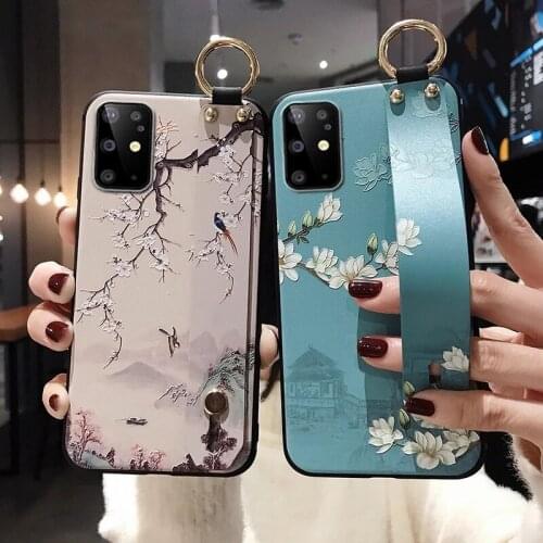 Galaxy Note 20 Ultra Case Luxury Art Leaf Wrist Strap Phone Holder Cover for Samsung S21 Ultra A21S S20 FE A42 5G A21S A20S M51