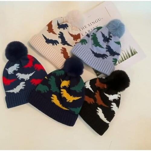 Cute Warm Baby Beanie Cap Cartoon Dinosaur Pattern Plush Ball Autumn Winter Curling Edge Knitted Toddler Hat for Birthday Party