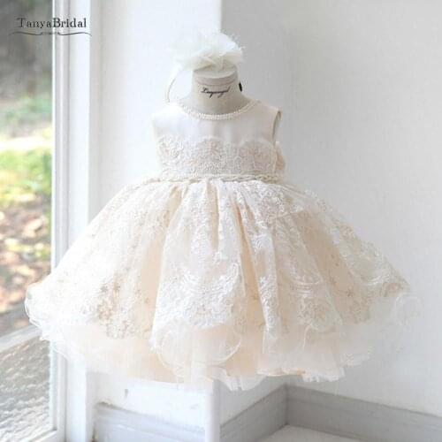 Cute Ball Gown Beige Tulle Lace Flower Girls Dresses New Kid Girl Communion Dresses Vestidos Primera Knee Length XF046