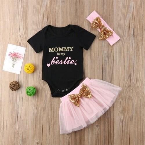 3PCS Newborn Baby Girls Clothes Romper Short Sleeve Letter Jumpsuit+Knotbow Voile Tutu Skirt+Headband Outfits Set 0-18M