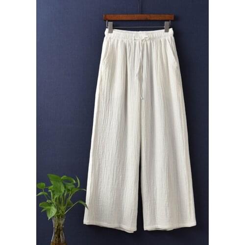 Fashion Women Wide Leg Pants High Waist Drawstring Cotton Linen Trousers Palazzo Casual Vintage Pantalon 12Color Plus Size M-7XL