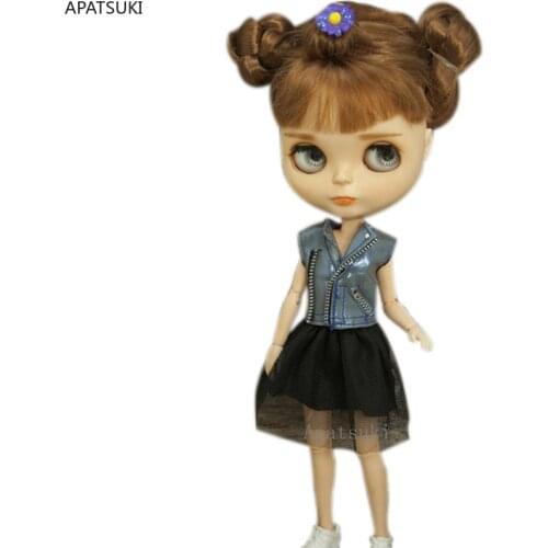 Fashion Doll Clothes Set For Blythe Doll Outfits Blue Leather Vest Coat & Black Skirt For Blyth 1/6 Dolls Accessories Toys