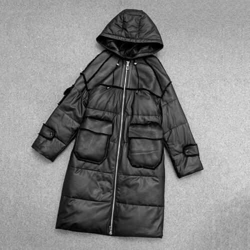 2021 New Arrival Women Genuine Sheepskin Leather Down Jacket Hooded Splicing Lambskin Shearling Long Coat