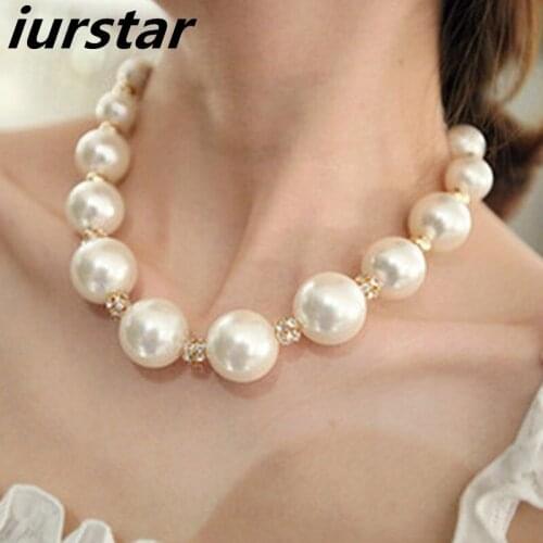 Iurstar Big Imitation pearl necklaces women ball Rhinestone necklace girl gift fine short necklaces wedding jewelry hot
