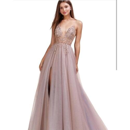 Prom Dress 2021 A-Line Pink Crystal Beaded Sleeveless Floor Length Side Slit Tulle Backless Women Formal Party Gowns Charming
