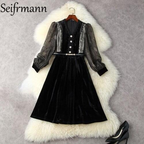 Seifrmann New 2021 Summer Women Fashion Designer Party Midi Dress Lantern Sleeve Gorgeous Lace Sashes Black Print A-Line Dresses