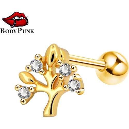 Body Punk New Cartilage Earrings Studs CZ Life Tree Tragus Helix Earring Piercing 16G 1.2mm Stainless Steel Body Jewelry Women