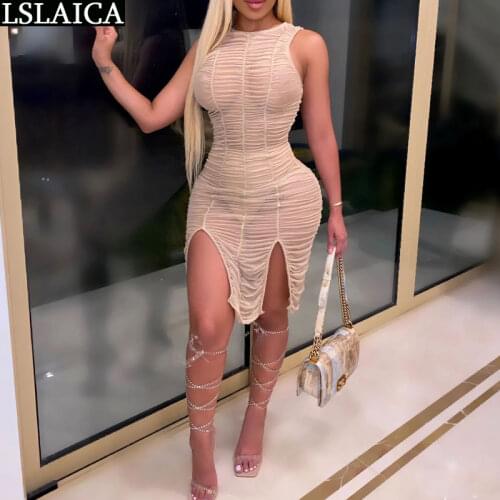 Sexy Dress Solid See Through Draped Hem Split Bodycon Dress Female High Waist Sleeveless O Neck Streetwear Dresses For Women