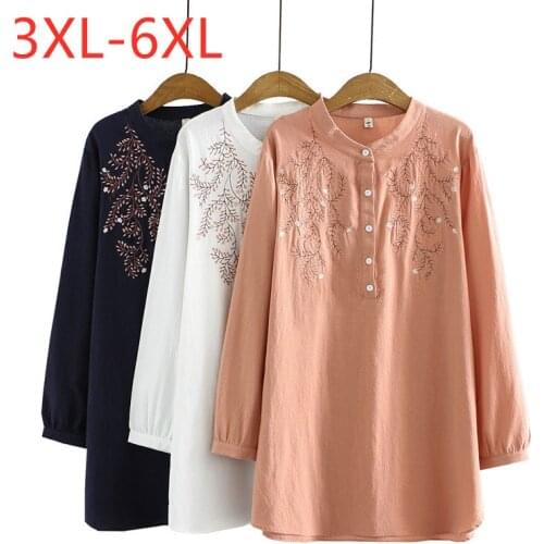 New 2021 Ladies Spring Autumn Plus Size Tops For Women Large Long Sleeve Loose Cotton Pink Embroidery Long Shirt 3XL 4XL 5XL 6XL