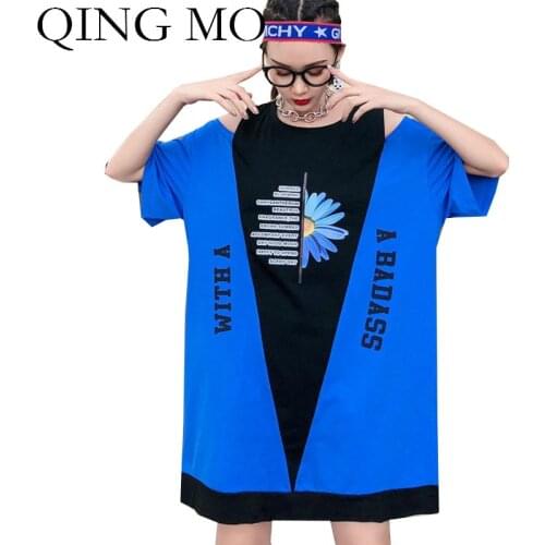 QING MO Blue Orange Women Daisies T Shirt 2020 Women Summer Off Shoulder T Shirt Female Patchwork Color T Shirt ZQY4280