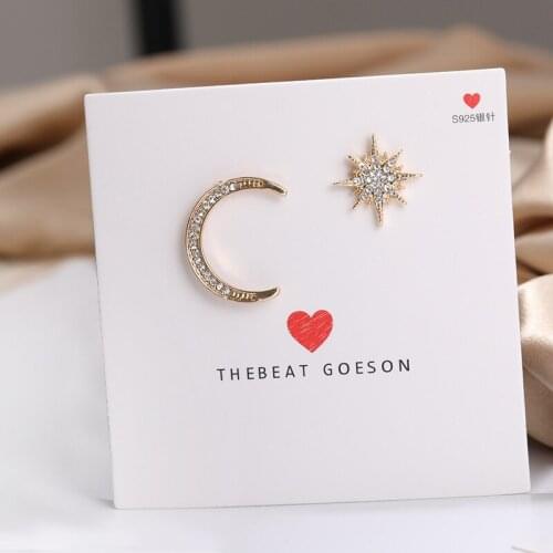 Punk S925 Needle Fashion Earrings Simple Crystal Dongdaemun Temperament Stars Moon Crystal Asymmetric Earrings Women