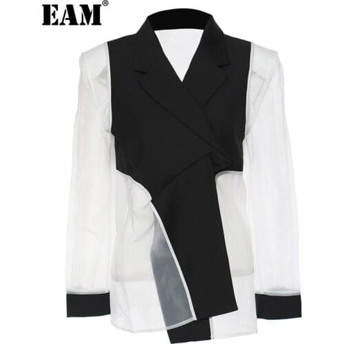 [EAM] Women Black Organza Perspective Blazer New Lapel Long Sleeve Loose Fit Jacket Fashion Tide Spring Autumn 2021 1DE1683