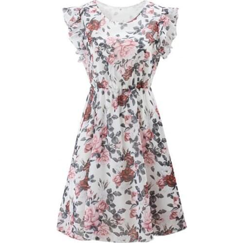 Summer Women Midi Dress Casual Floral Print Ruffles Sleeve Elastic Waist Round Neck Large Hem A-Line Office Dresses Party