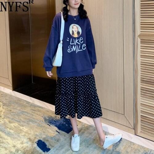 NYFS 2021 Korean New Autumn Winter Loose Woman Dress Vestidos Robe femme Elbise Fashion Patchwork Chiffon Hem Fake two Dress