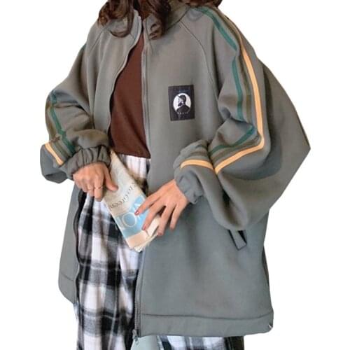 Winter Korean Fashion Women Clothes Free Shipping Oversize Hoodies Striped Character Badge Zipper Plus Velvet Sweatshirt Female