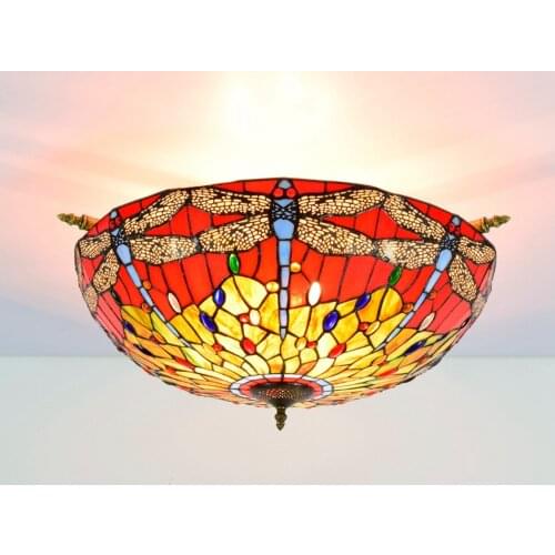 65cm Creative Red Tiffany Festive Colored Glass Small Living Room Restaurant Bar Bedroom Dragonfly Half Ceiling Lamp