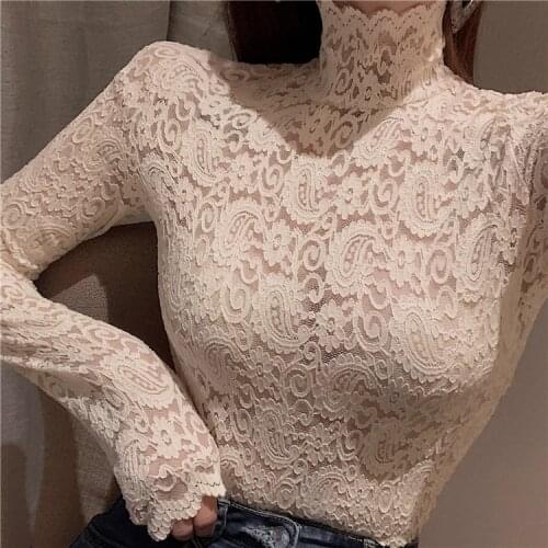 Hi Girl New Turtleneck Slim Blouse Women Floral Hollow Out Embroidery Translucent Lace Shirt Sexy Sweet Basic Blouses Blusa Girl