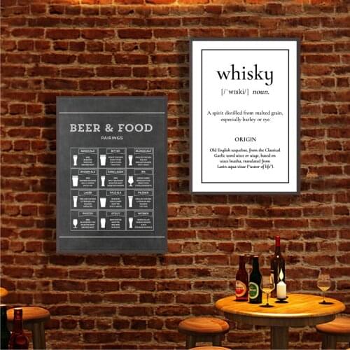 Beer and Food Pairings Chart Black White Poster Chalkboard Kitchen Wall Art Prints Whisky Canvas Painting Man Cave Bar Decor