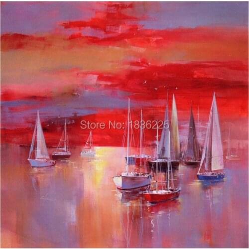 Art supplies wall seascapes sea and boat oil painting landscape hand painted modern abstract red sunset oil painting on canvas