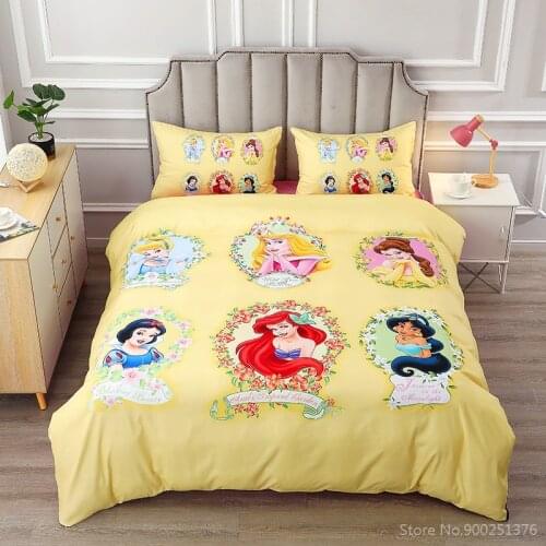 Disney Bedding Set Yellow Cinderella Aurora Ariel Belle Rapunzel Princess Duvet Cover Set for Children Kids Girls Birthday Gift