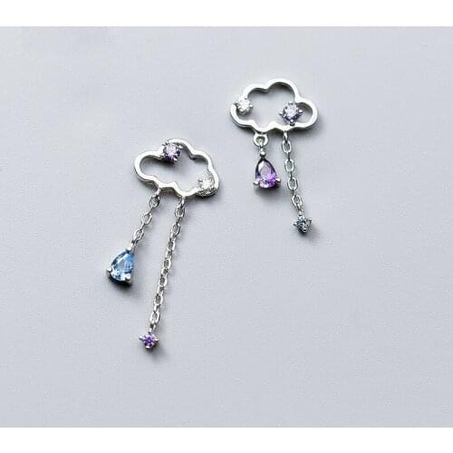 Fashion Asymmetric Hollow Cloud 100% Genuine 925 Sterling Silver Stud Earrings Jewelry Tassel Zircon Earrings