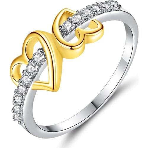 Fashion Hollow Heart CZ Cublic Zircon Gold Color Engagement Ring Trendy Two-tone Color Rhinestone Wedding Jewelry Ring For Women