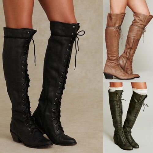 Retro Rome Army Green Brown Over The Knee Lace Up Riding Cowboy Boots For Woman Leather Long Ladies Boots Military Shoes Botas