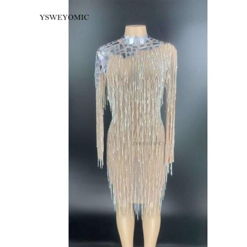 Silver Rhinestones Fringe Transparent Mirror Dress Long Sleeves Women Dancer Dress Birthday Outfit Sexy Short Dress