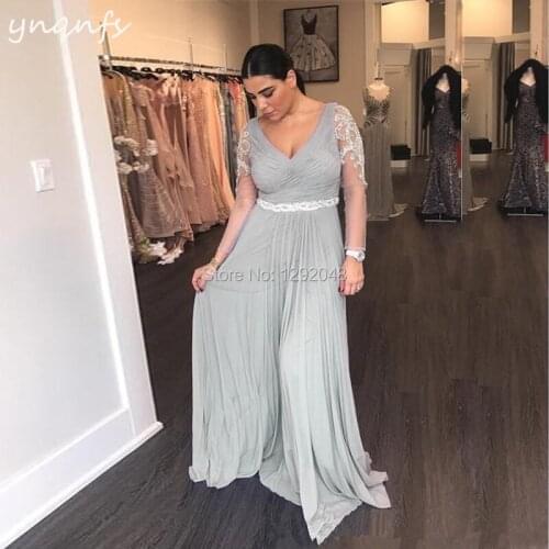 YNQNFS M84 Elegant Pleated Chiffon Formal Evening Gown Silver Crystal Mother of the Bride Dresses V Neck Sheer Long Sleeves