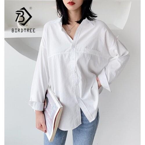 New Arrival Women Solid White Blouse Batwing Long Sleeve Fake Pockets Oversize Shirt Turn-Down Collar Casual Top T98605F