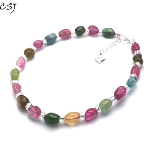 CSJ Natural multicolour Tourmaline Bracelet Sterling 925 Silver High Quality Fine Jewelry Women Femme Wedding Party Gift box