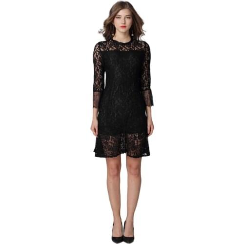 Womens Black Lace Hollow Round Neck 3/4 Flared Sleeve Short Mini Dress Summer Elegant Business Cocktail Fashion Party Dress