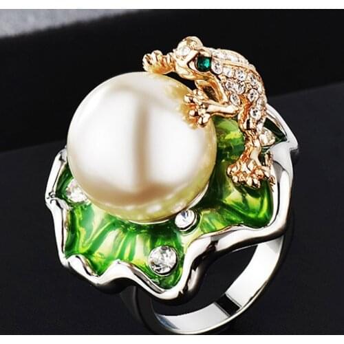 Zlxgirl jewelry Green flower frog cartoon finger rings jewelry for women gifts imitation pearl rings bridal jewelry
