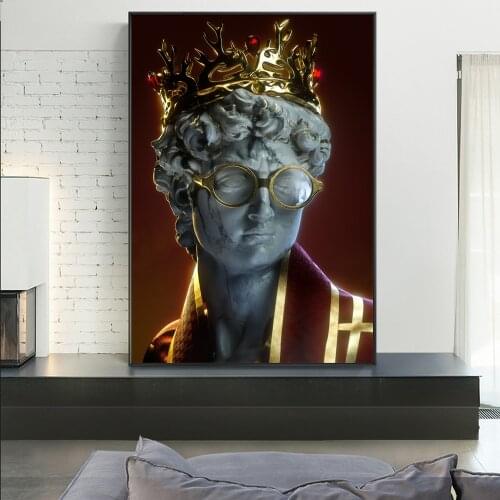 Golden Aesthetic David Sculpture with Crown Canvas Painting Statue Posters and Prints Wall Pictures for Living Room Home Decor