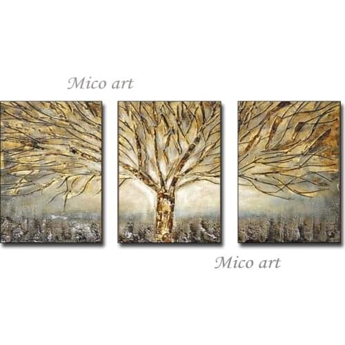 Abstract 3 Panel Heavy Textured Gold Tree Oil Painting Handmade Modern Home Wall Pictures Painting sPieces Art For Living Room