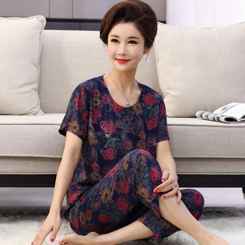 Middle Aged Mother Sleepwear Set New Spring Summer Cotton Pajamas Women Short Sleeve Print Nightwear Pijamas Suit Female XL-4XL