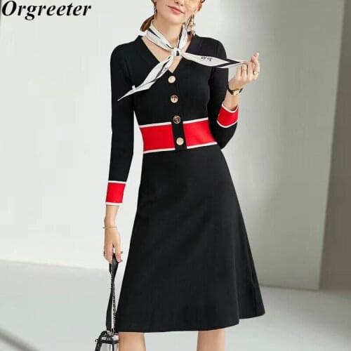 Elegant Ladies Women Sweater Dress Autumn Winter New Casual V-neck Hit color Button Deco Slim A-line Knitted Dress Female