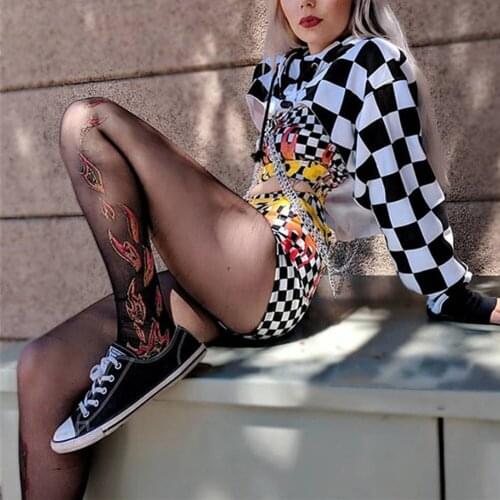 Short Hoodie Crop High Waist Punk Shirt Long Sleeve Short Pullover Hoodies Clothes Hip Plaid Womens Chain Sweatshirt