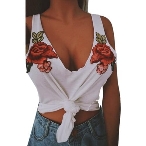 Summer Casual Crop Tops Women Tank Top Hot Sale Deep V Neck Sexy Cotton Camisoles Floral Embroidery Sleeveless Short Tops Beach