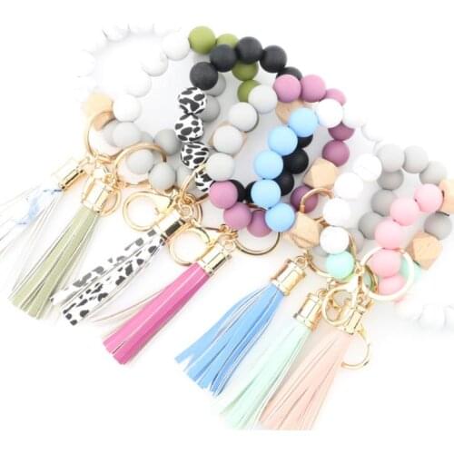 Fashion Silicone Bead Bracelets Beech Tassel Key Chain Pendant Leather Bracelet Womens Jewelry 14 Style SN3683
