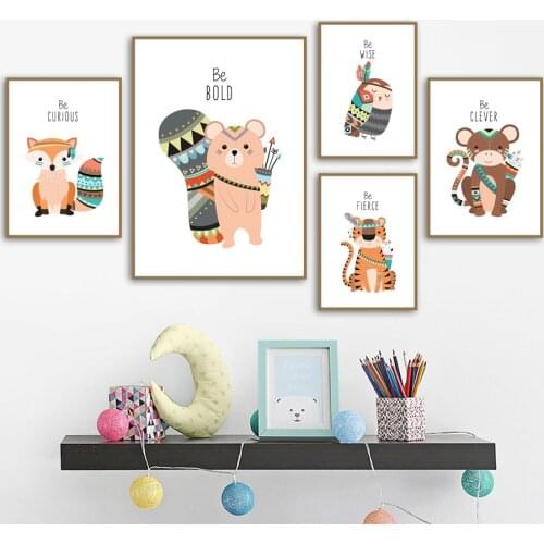 Cartoon Deer Fox Bear Canvas Painting Zebra Panda Owl Lion Nursery Boho Wall Art Posters and Prints Picture Baby Room Home Decor