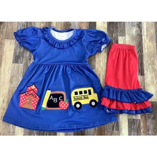 Newest Children clothes Girls spring summer back to school embroidered lace round neck short sleeve pleated shorts set