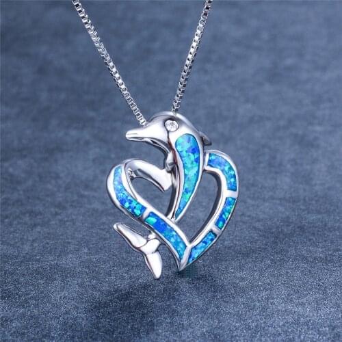 Cute Dolphin Hollow Heart Pendant Necklace Female Blue Pink Opal Necklace Vintage Silver Color Chain Wedding Necklaces For Women