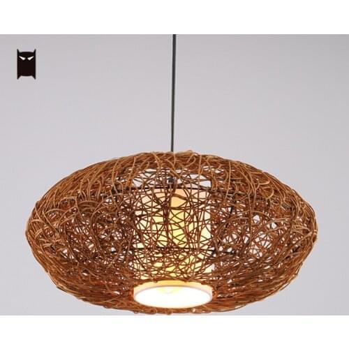Wicker Braided Brown Round Lantern Pendant Light Fixture Rustic Country Vintage Retro Japanese Rattan Hanging Ceil Lamp Corridor