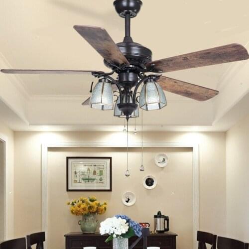 Retro Ceiling Fan Lamp Simple Home Fan Lamp Retro European Wooden Leaf Full Copper Ceiling Fans with Lights
